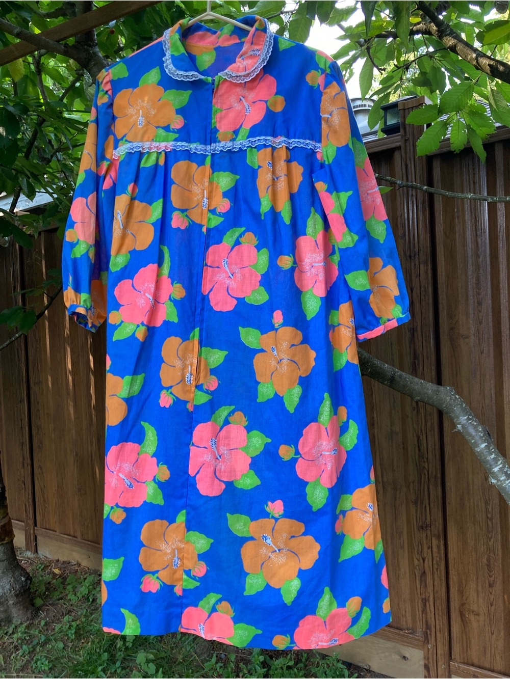 Bright Blue Floral Midi Dress with Pink & Orange Blooms